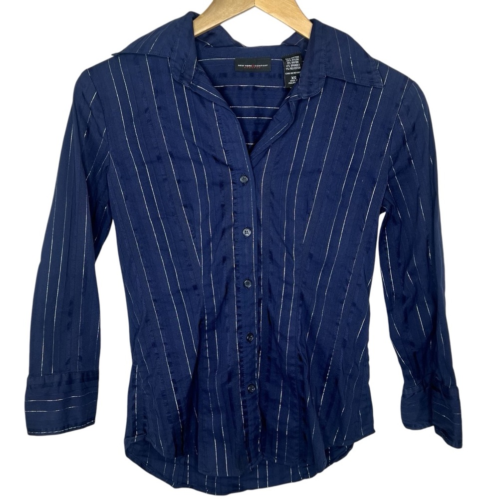 New York & Company Blue Silver Stripped Button Up Blouse Size XS - Picture 1 of 5